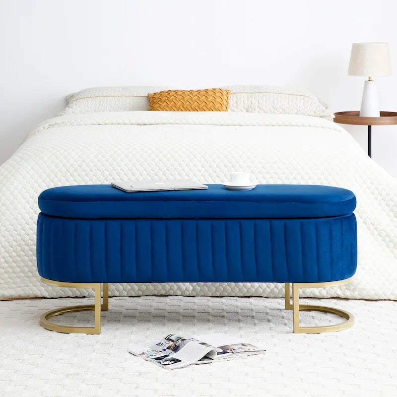 Banc de rangement pour chambre à coucher, banc ovale en velours capitonné au pied du lit avec pieds en métal doré, pouf de rangement de 50 cm