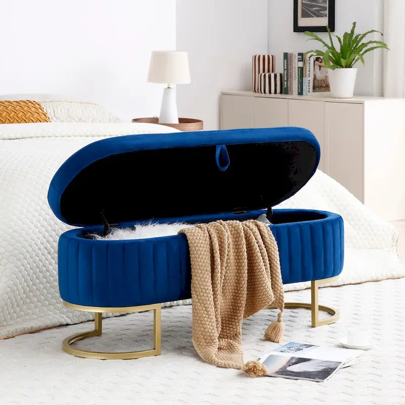 Banc de rangement pour chambre à coucher, banc ovale en velours capitonné au pied du lit avec pieds en métal doré, pouf de rangement de 50 cm