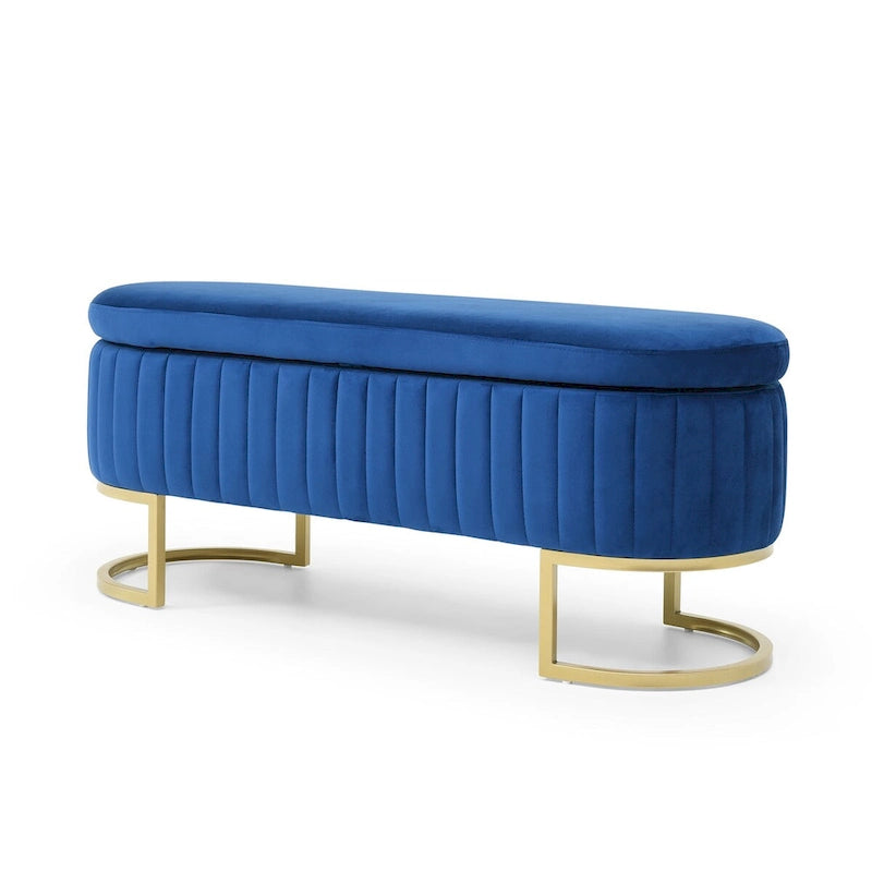 Banc de rangement pour chambre à coucher, banc ovale en velours capitonné au pied du lit avec pieds en métal doré, pouf de rangement de 50 cm