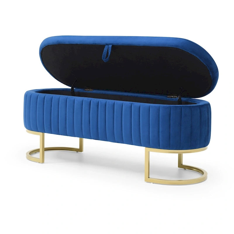 Banc de rangement pour chambre à coucher, banc ovale en velours capitonné au pied du lit avec pieds en métal doré, pouf de rangement de 50 cm