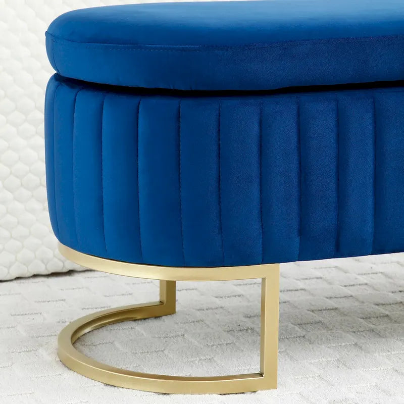 Banc de rangement pour chambre à coucher, banc ovale en velours capitonné au pied du lit avec pieds en métal doré, pouf de rangement de 50 cm