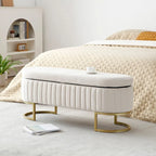 Banc de rangement pour chambre à coucher, banc ovale en velours capitonné au pied du lit avec pieds en métal doré, pouf de rangement de 50 cm