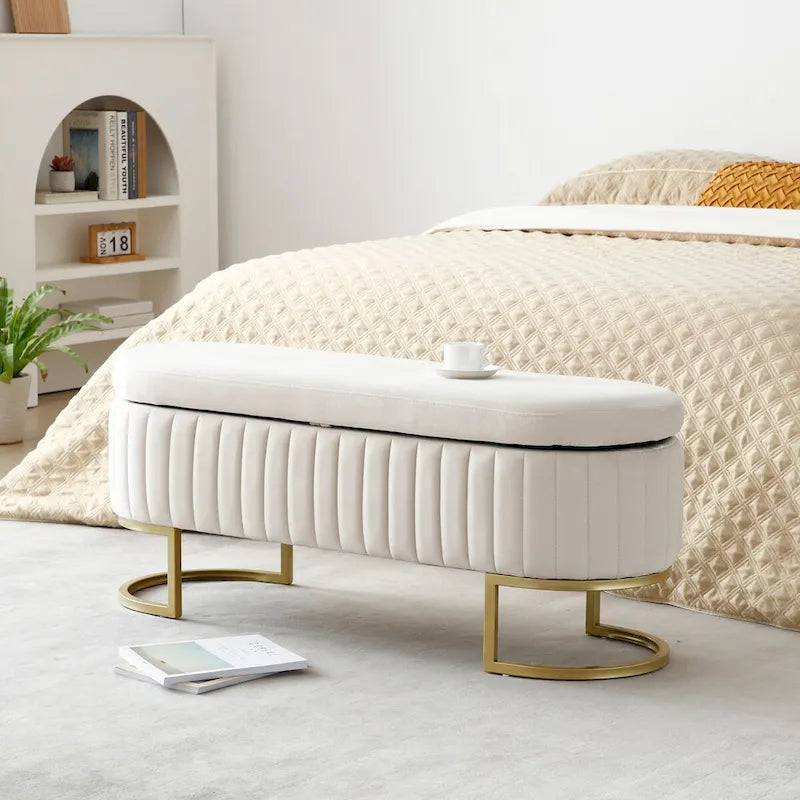 Banc de rangement pour chambre à coucher, banc ovale en velours capitonné au pied du lit avec pieds en métal doré, pouf de rangement de 50 cm