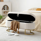Banc de rangement pour chambre à coucher, banc ovale en velours capitonné au pied du lit avec pieds en métal doré, pouf de rangement de 50 cm