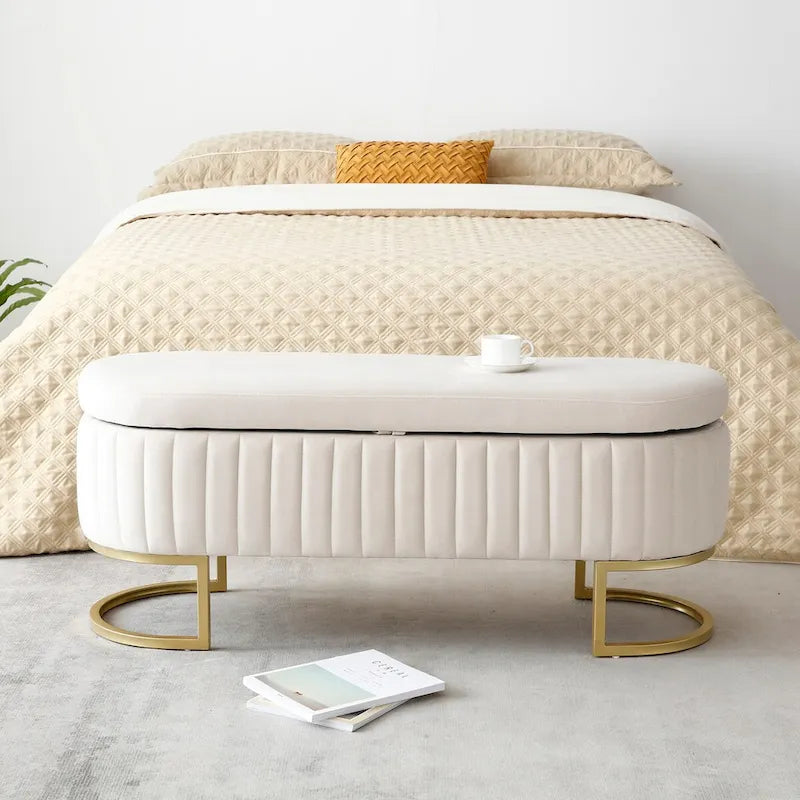 Banc de rangement pour chambre à coucher, banc ovale en velours capitonné au pied du lit avec pieds en métal doré, pouf de rangement de 50 cm