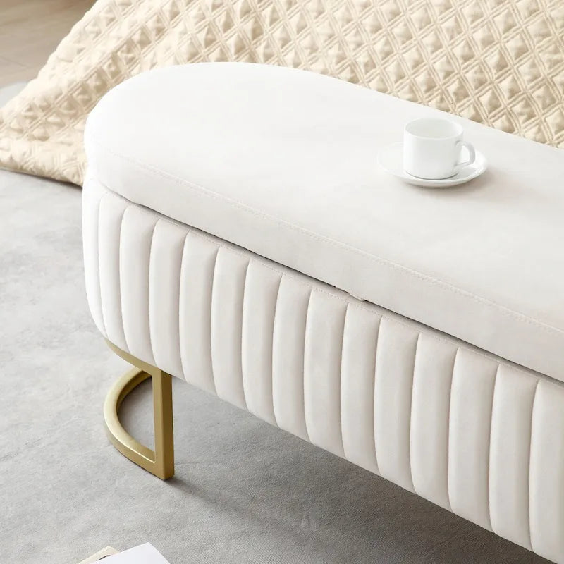 Banc de rangement pour chambre à coucher, banc ovale en velours capitonné au pied du lit avec pieds en métal doré, pouf de rangement de 50 cm