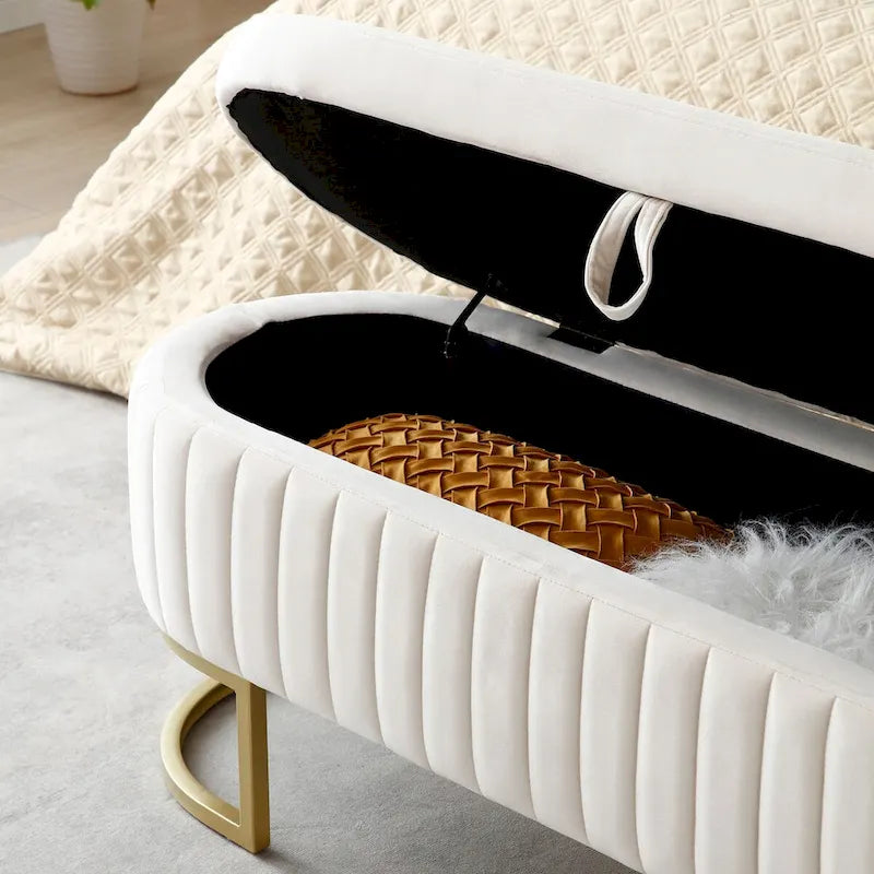 Banc de rangement pour chambre à coucher, banc ovale en velours capitonné au pied du lit avec pieds en métal doré, pouf de rangement de 50 cm