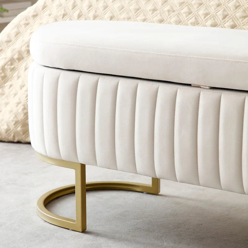Banc de rangement pour chambre à coucher, banc ovale en velours capitonné au pied du lit avec pieds en métal doré, pouf de rangement de 50 cm