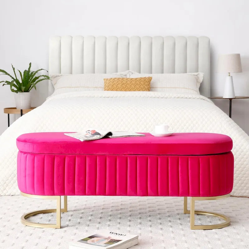 Banc de rangement pour chambre à coucher, banc ovale en velours capitonné au pied du lit avec pieds en métal doré, pouf de rangement de 50 cm
