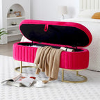 Banc de rangement pour chambre à coucher, banc ovale en velours capitonné au pied du lit avec pieds en métal doré, pouf de rangement de 50 cm