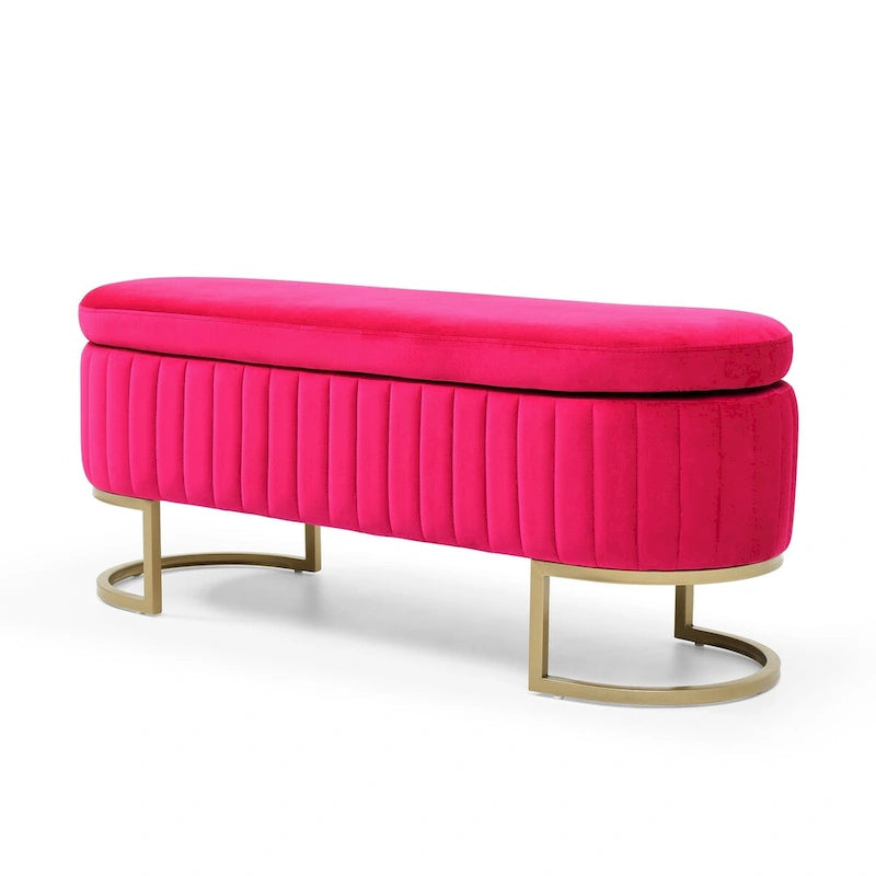 Banc de rangement pour chambre à coucher, banc ovale en velours capitonné au pied du lit avec pieds en métal doré, pouf de rangement de 50 cm
