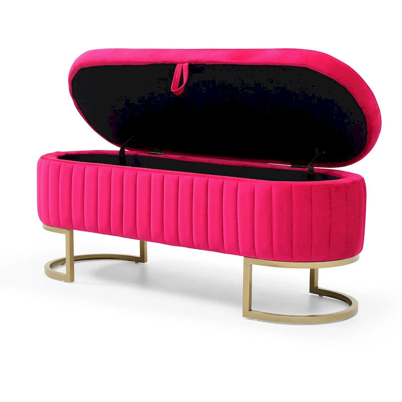 Banc de rangement pour chambre à coucher, banc ovale en velours capitonné au pied du lit avec pieds en métal doré, pouf de rangement de 50 cm