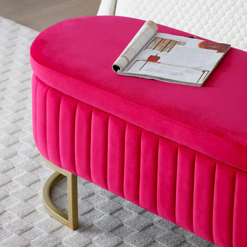 Banc de rangement pour chambre à coucher, banc ovale en velours capitonné au pied du lit avec pieds en métal doré, pouf de rangement de 50 cm