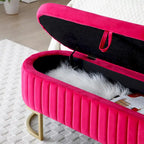 Banc de rangement pour chambre à coucher, banc ovale en velours capitonné au pied du lit avec pieds en métal doré, pouf de rangement de 50 cm