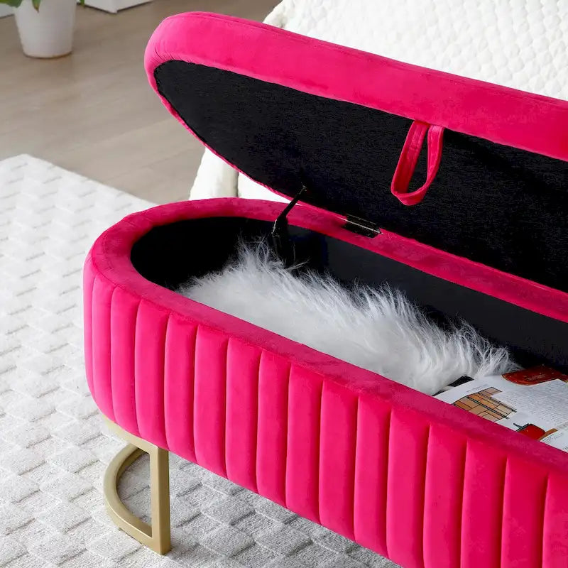 Banc de rangement pour chambre à coucher, banc ovale en velours capitonné au pied du lit avec pieds en métal doré, pouf de rangement de 50 cm