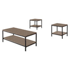 Ensemble de 3 pièces comprenant une table basse et 2 tables d'appoint, avec structure en bois gris et métal noir.