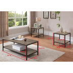 Ensemble de 3 pièces comprenant une table basse et 2 tables d'appoint, avec structure en bois gris et métal noir.
