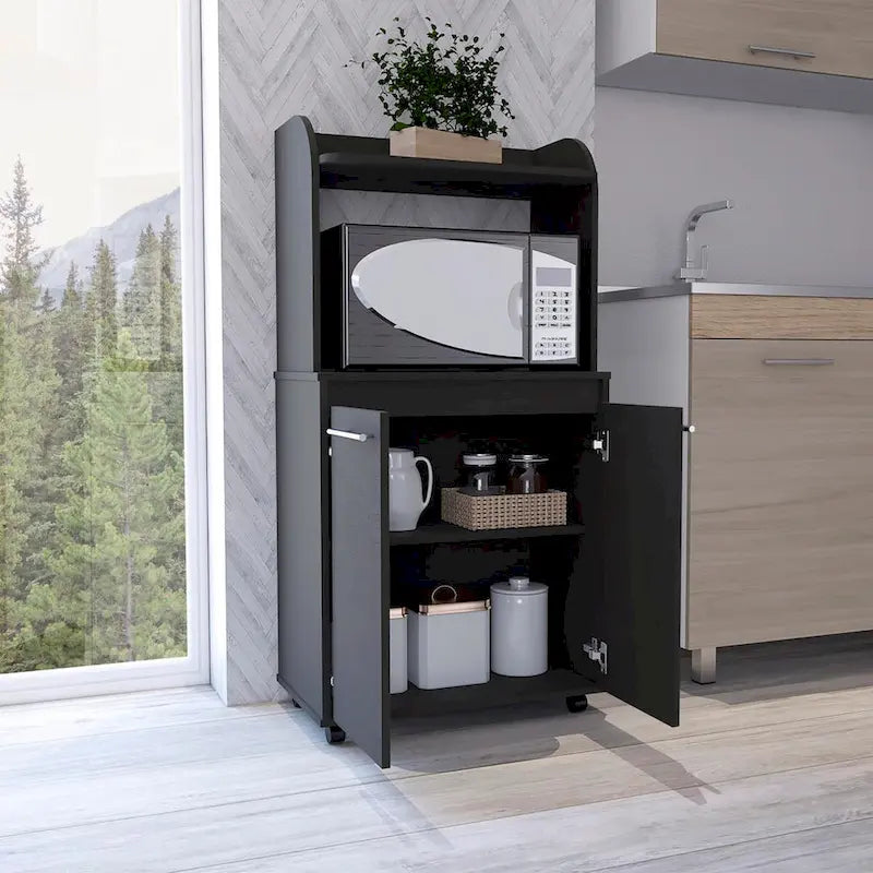 Meuble de cuisine moderne avec chariot pour micro-ondes, 1 étagère et 2 portes