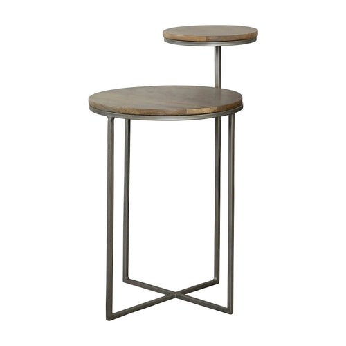 Table d'appoint ronde moderne de 74 cm (29 pouces), plateaux à deux niveaux en bois brun, piètement en métal gris