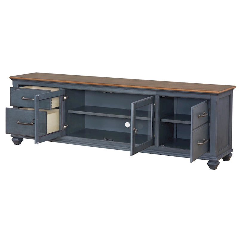 Meuble TV Bridgevine Home Americana 84 po pour téléviseurs jusqu'à 90 pouces, aucun assemblage requis, finition bleu velours côtelé