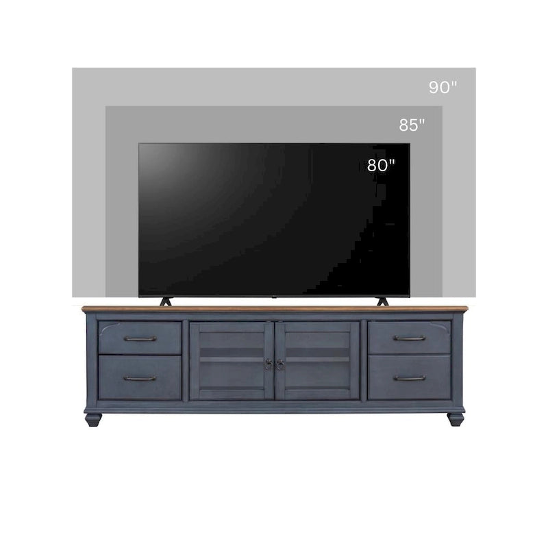 Meuble TV Bridgevine Home Americana 84 po pour téléviseurs jusqu'à 90 pouces, aucun assemblage requis, finition bleu velours côtelé