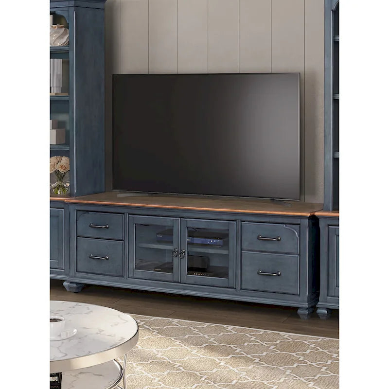 Meuble TV Bridgevine Home Americana 84 po pour téléviseurs jusqu'à 90 pouces, aucun assemblage requis, finition bleu velours côtelé
