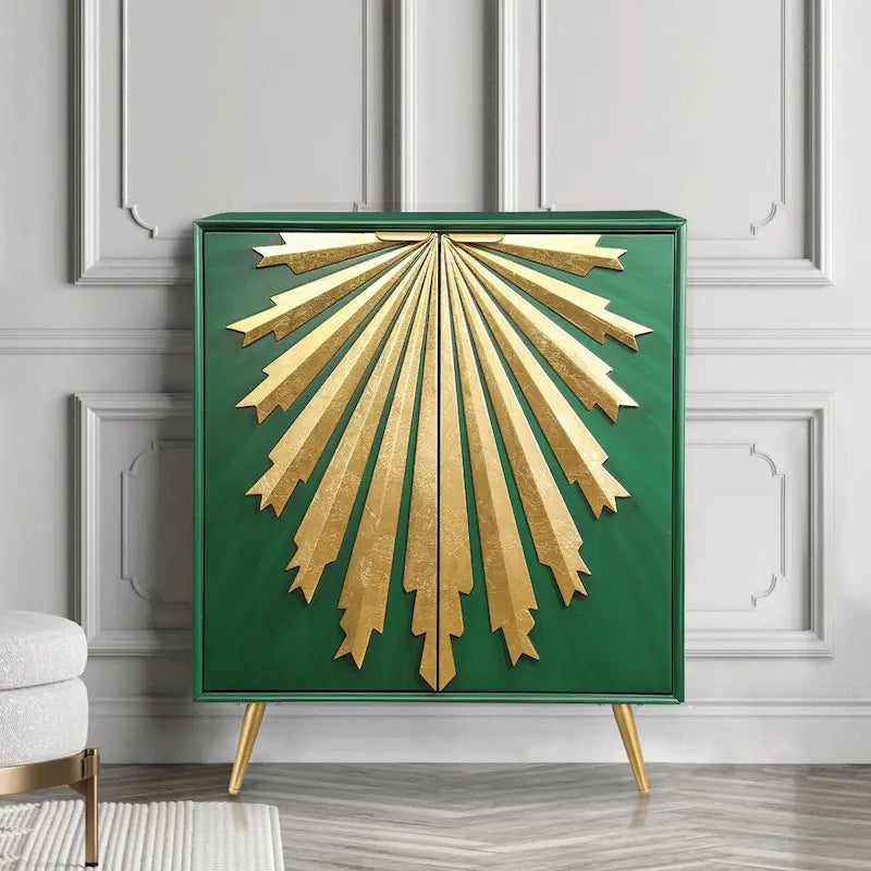 Buffet de salle à manger moderne et glamour en bois massif, à deux portes, motif soleil.