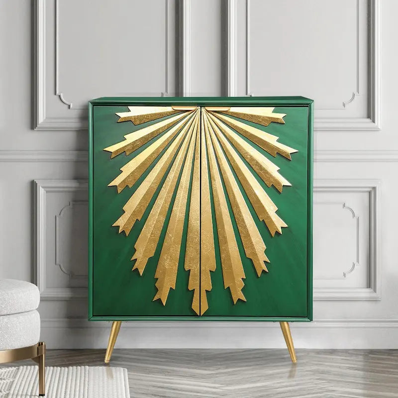 Buffet de salle à manger moderne et glamour en bois massif, à deux portes, motif soleil.