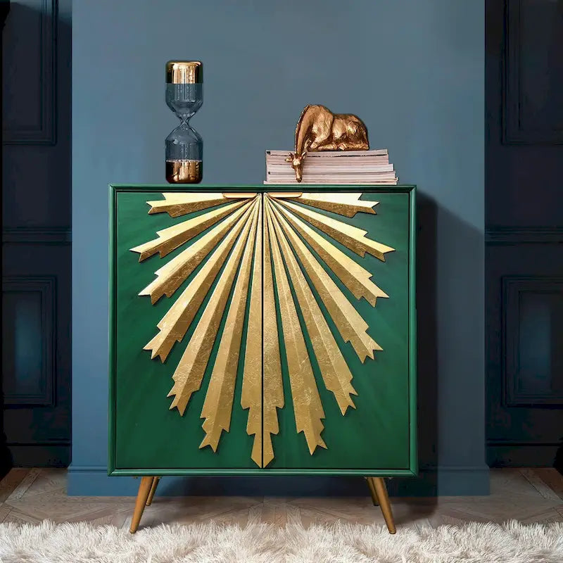 Buffet de salle à manger moderne et glamour en bois massif, à deux portes, motif soleil.
