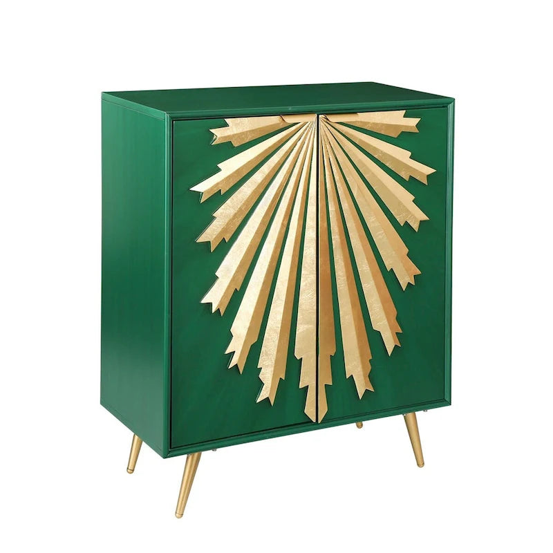 Buffet de salle à manger moderne et glamour en bois massif, à deux portes, motif soleil.