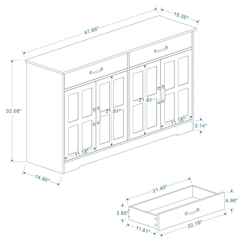 Buffet de style campagnard avec 2 tiroirs et 4 portes