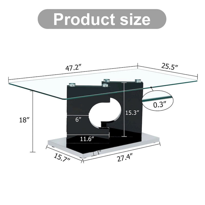 Table rectangulaire moderne et élégante de 47,2 x 25,5 x 18 cm avec plateau en verre trempé et pieds en MDF noir pour salon