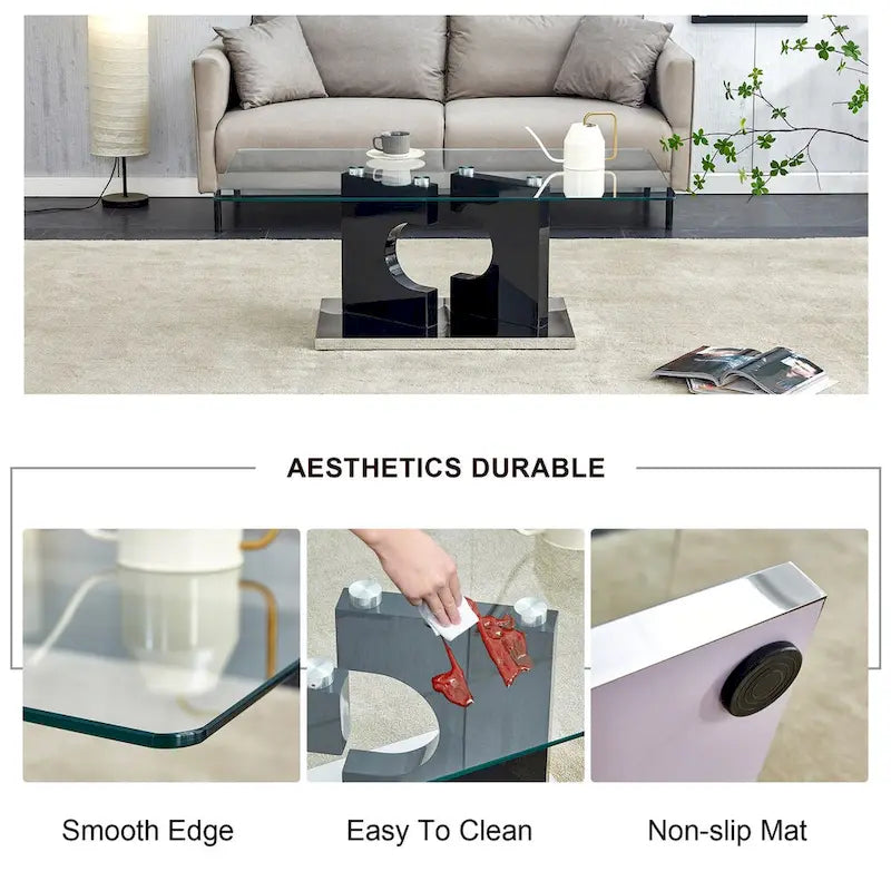 Table rectangulaire moderne et élégante de 47,2 x 25,5 x 18 cm avec plateau en verre trempé et pieds en MDF noir pour salon