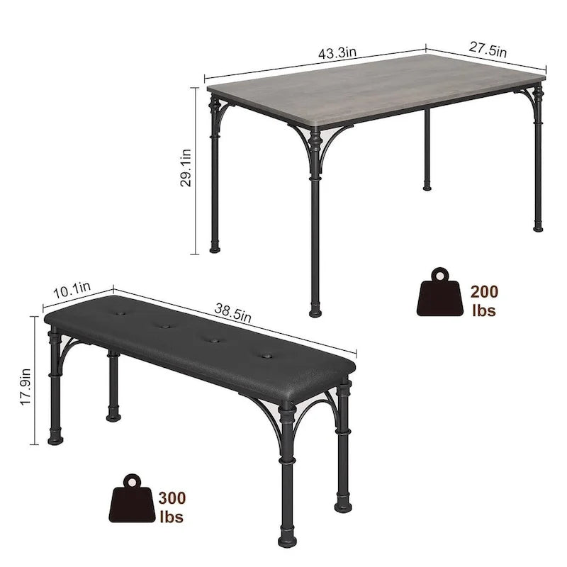 Ensemble table et chaises pour 4 personnes avec 2 bancs rembourrés