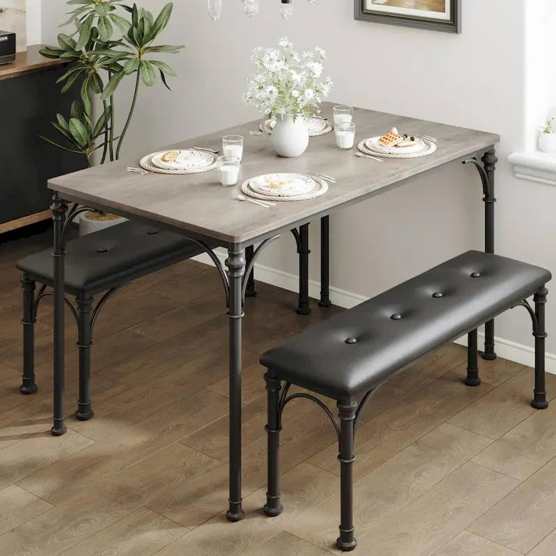 Ensemble table et chaises pour 4 personnes avec 2 bancs rembourrés