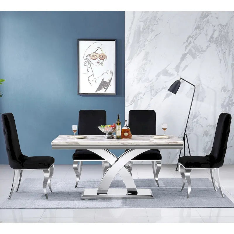 Chaises de salle à manger noires et argentées avec revêtement en velours doux et pieds en métal