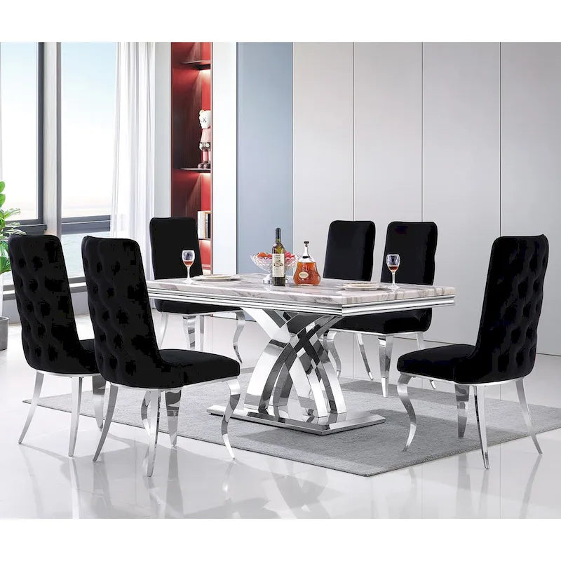 Chaises de salle à manger noires et argentées avec revêtement en velours doux et pieds en métal