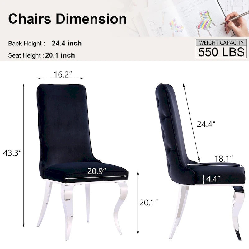 Chaises de salle à manger noires et argentées avec revêtement en velours doux et pieds en métal