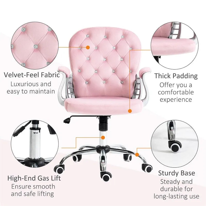 Chaise de bureau à hauteur réglable en velours avec accoudoirs rembourrés et roulettes - Non disponible