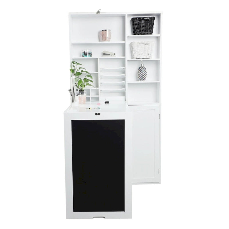 Utopia Alley Collapsible Fold Down Desk Table with Large Storage Cabinet & Bottom Shelves, Computer Desk, White