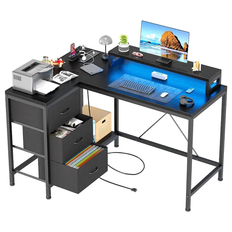 Bureau en L avec prises électriques et éclairage LED