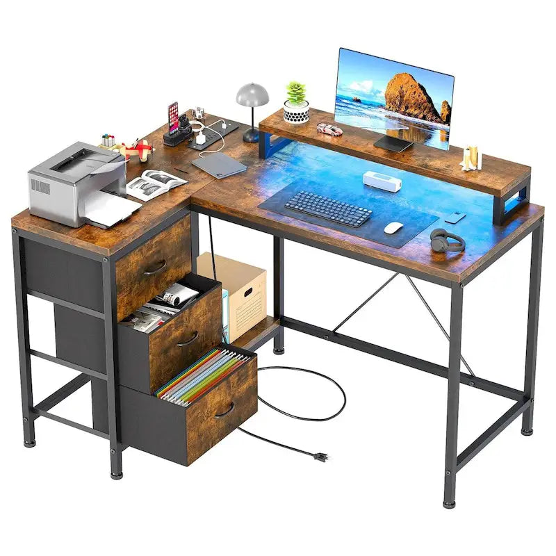 Bureau en L avec prises électriques et éclairage LED