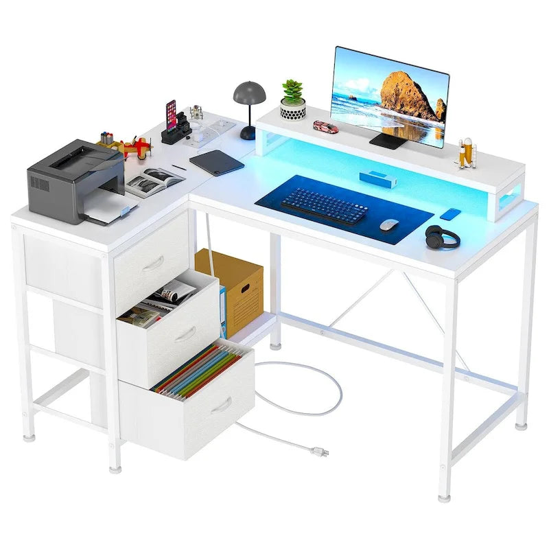 Bureau en L avec prises électriques et éclairage LED