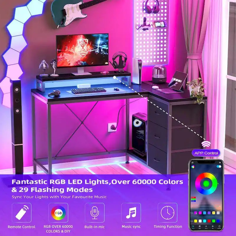 Bureau en L avec prises électriques et éclairage LED