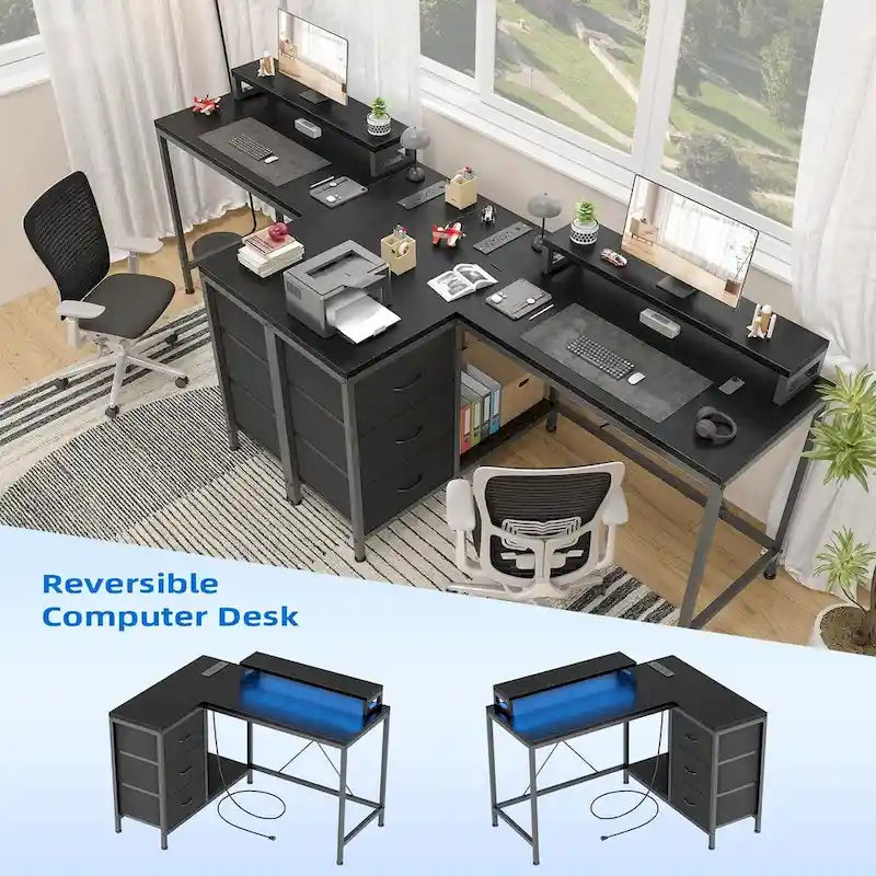 Bureau en L avec prises électriques et éclairage LED