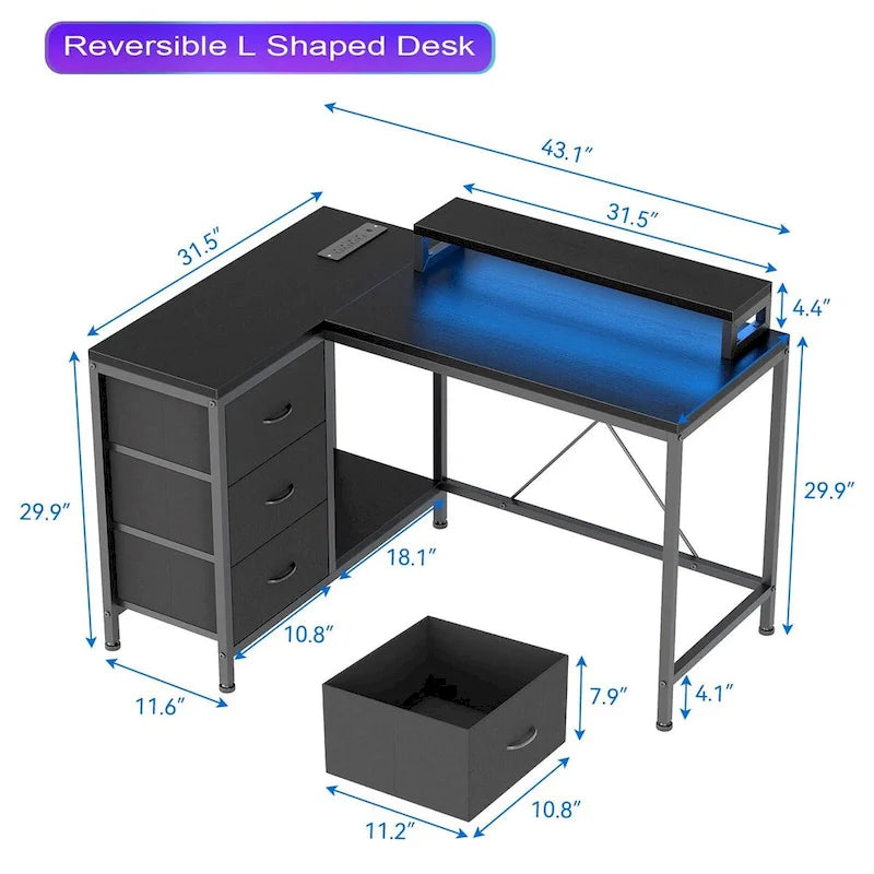 Bureau en L avec prises électriques et éclairage LED