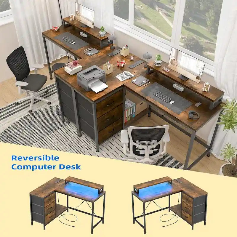 Bureau en L avec prises électriques et éclairage LED