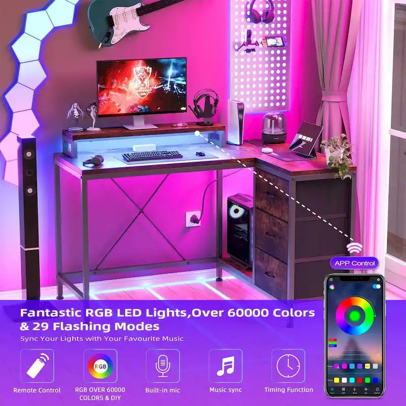 Bureau en L avec prises électriques et éclairage LED