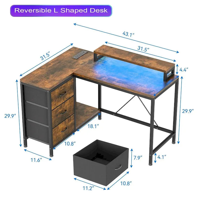 Bureau en L avec prises électriques et éclairage LED