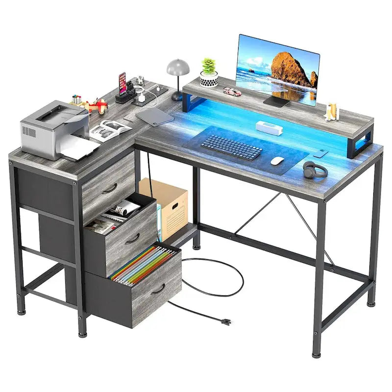 Bureau en L avec prises électriques et éclairage LED